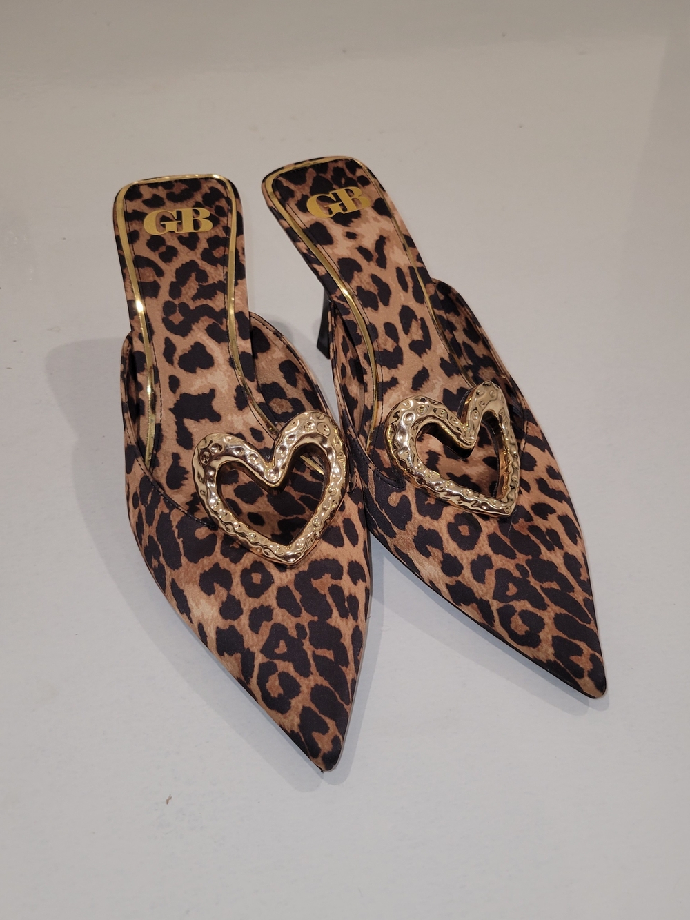 Gianni Bini Leopard Print Pointed Mules with Gold Heart Accent - Brown/Black